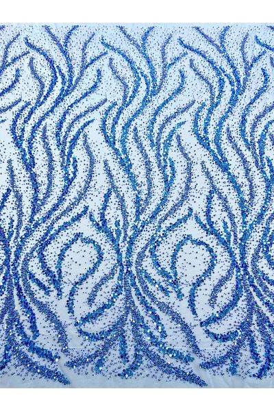 Luxuro Sky Blue Couture Lace with Pearls, Beads and Sequins