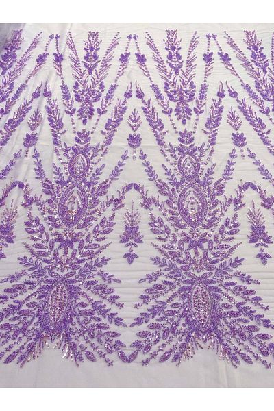 Luxuro Lavender Couture Lace with Symmetrical Pattern, Beads and Sequins