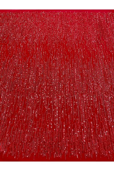 Luxuro Red Couture Lace with Linear Pattern, Beads and Sequins