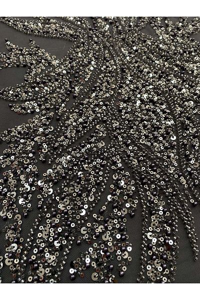 Luxuro Anthracite Grey Couture Lace with Panel, with Pearls, Beads and Sequins