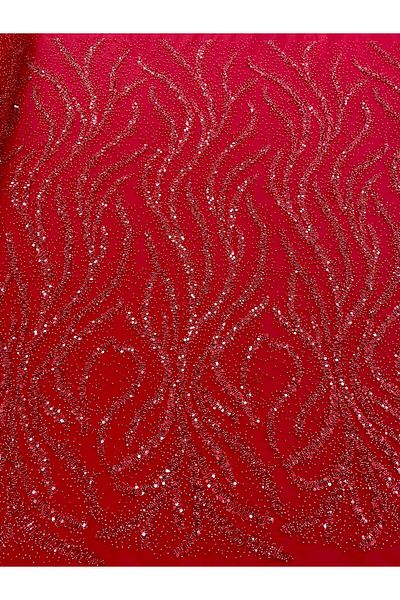 Luxuro Red Couture Lace with Pearls, Beads and Sequins
