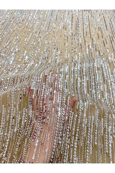Luxuro Couture Lace Silver with Nude Tulle with Linear Pattern, with Beads and Sequins