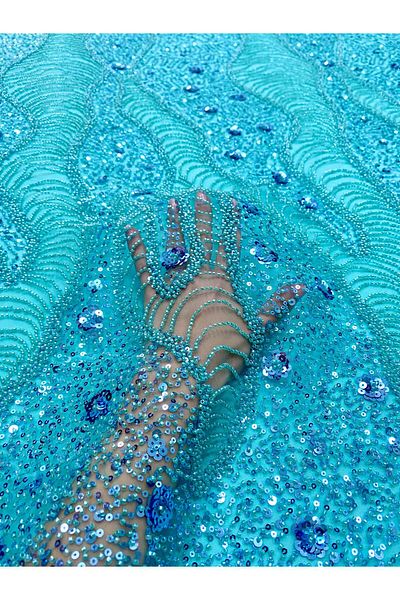 Luxuro Turquoise Couture Lace with Geometric and Floral Pattern, with Beads and Sequins