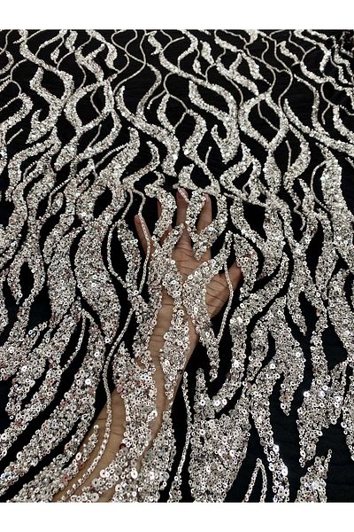 Luxuro Couture Silver Lace with Black Tulle with String Pattern, Beads and Sequins