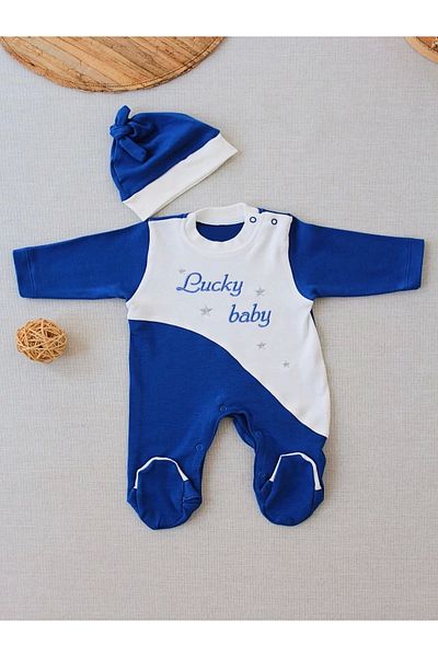 ALFA AKSESUAR 03 0-3 3-6 Months Lucky Baby Embroidered Lined Hat Boy Baby Romper Navy Blue