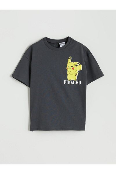 LC Waikiki Anthracite Crew Neck Pikachu Printed Boys' T-Shirt