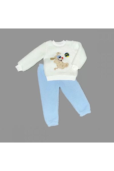 ALFA AKSESUAR 03 1-2-3 Years Old Bulk Dog Embroidered Lamb Fabric Sweat Pants Long Sleeve Baby Girl Boy Set Blue