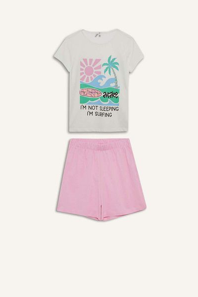 DeFacto Mädchen-Pyjama-Set, bedrucktes Kurzarm-Oberteil, elastische Shorts mit Taille E0665A825HS