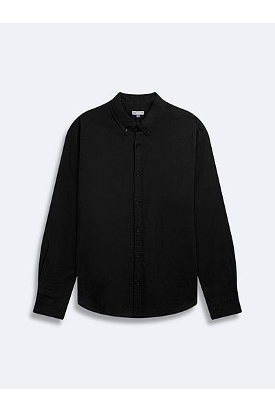 Ltb Long Sleeve Linen Look Basic Black Shirt