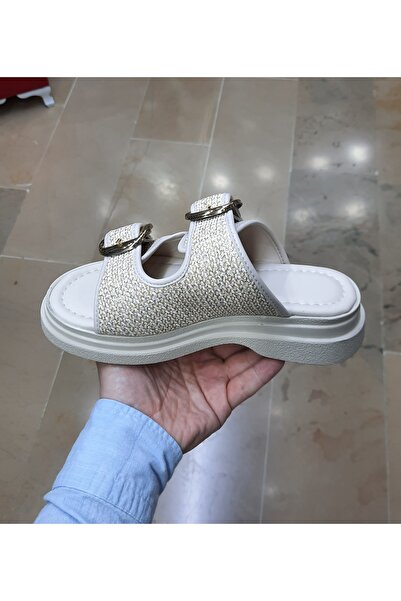 WHİTE LİNE Γυναικείες Παντόφλες Λεπτομερείς Ανατομικές Μαλακές Σόλα Διπλής Ζώνης Πόρπης Ψάθινη