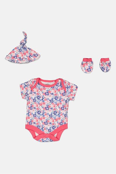 MOTHERCARE Toddlers Girl 3 Piece Floral Pattern Bodysuits, Cap And Socks Set, Multicolor