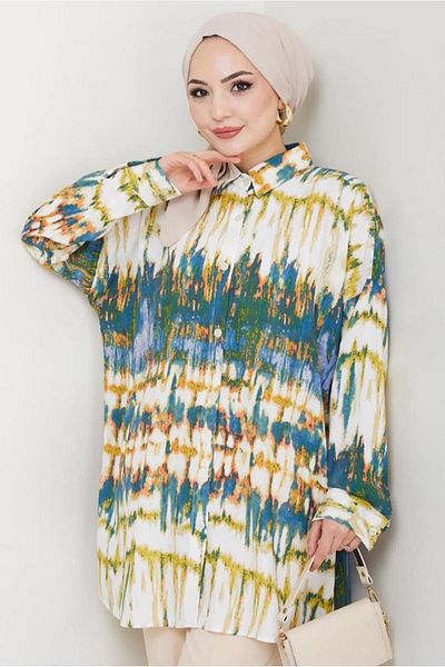 TRENDTESETTÜR Women's Green Cotton Patterned Tunic t 1977