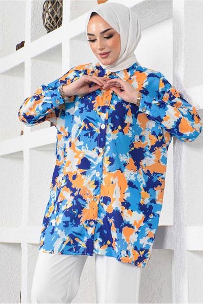 TRENDTESETTÜR Women's Dark Blue (Saks) Batik Patterned Shirt Tunic t 0988