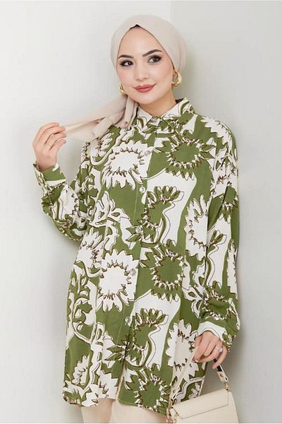 TRENDTESETTÜR Women's Green Patterned Cotton Tunic t 1980