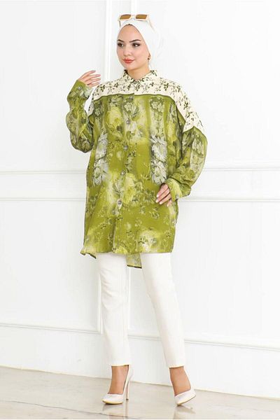 TRENDTESETTÜR Women's Green Patterned Cotton Tunic t 1998