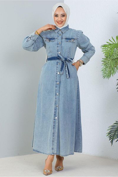 TRENDTESETTÜR Women's Blue Belt Denim Dress t 4086