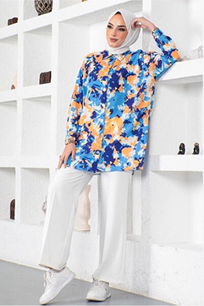 TRENDTESETTÜR Women's Dark Blue (Saks) Batik Patterned Shirt Tunic t 0988