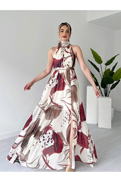 KOSHKA MODA Desenli Halter Yaka Yırtmaçlı Uzun Şifon Elbise