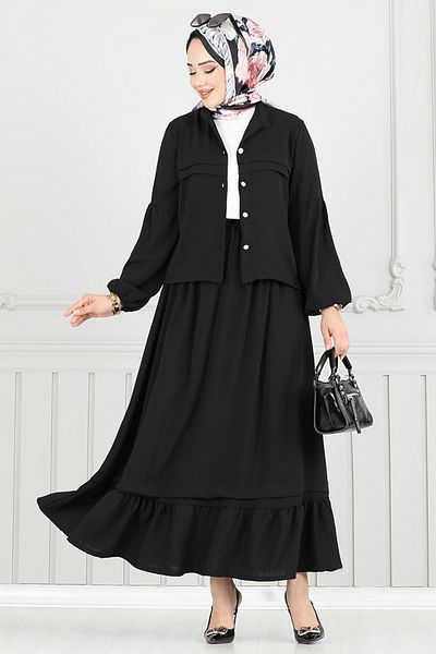 ModaMerve Button Front Skirt Suit 3094Hbs932-M Black