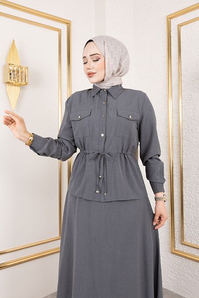 Tesettür Dünyası Elastic Waist Skirt Suit Tsd250192 Smoked