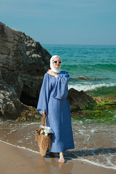 LOCCO Rochie de damă cu mânecă liliac cu șireturi în talie albastră