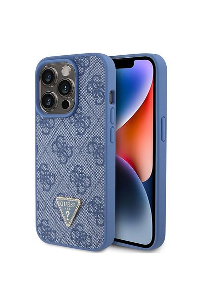 Guess Case for iPhone 15 Pro Max - Guess Leather 4G Triangle Strass (GUHCP15XP4TDPB) - Blue