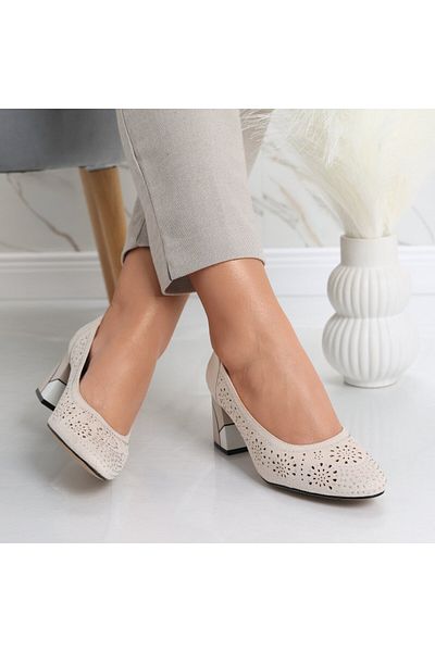 MODA STİL Women's Beige Heeled Shoes Made of Aponte Eco-Suede Leather, 40