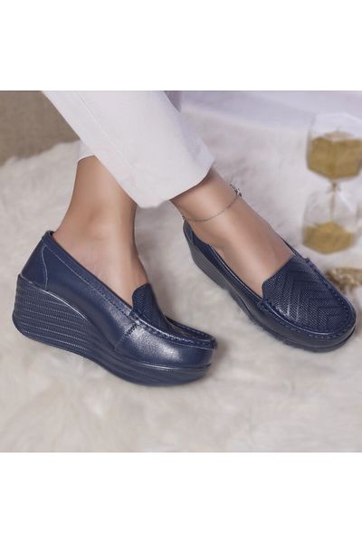 MODA STİL Dominican platform shoes, navy blue genuine leather, 37