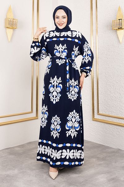 Tesettür Dünyası Φόρεμα με σχήμα Ethnic Pattern Viscose TSD250193 Navy Blue