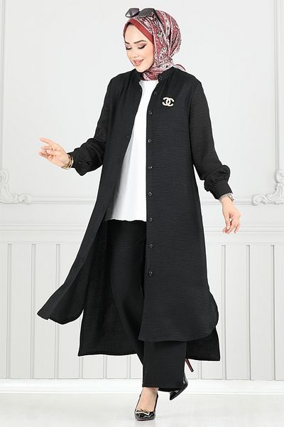 ModaMerve Slit Hijab Suit 408Dvl897-M Black