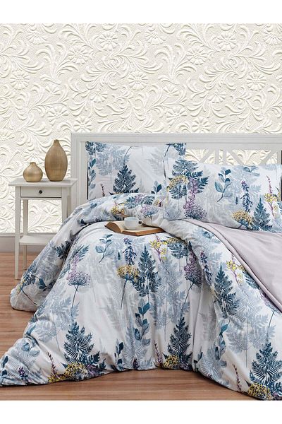 DemoHome Double king size bed linen set ranforce cotton BOTANICAL GARDEN white - fitted sheet, bed, 2 pillowcases