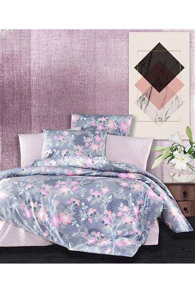 DemoHome Double king size bed linen set ranforce cotton FLOARE DE AMURG grey - fitted sheet, bed, 2 pillowcases