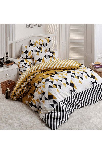 DemoHome Double king size bed linen set ranforce PUZZLE IN MOTION white - fitted sheet, bed, 2 pillowcases