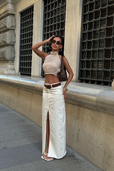 boutiquen Backless Linen Look Crop Blouse