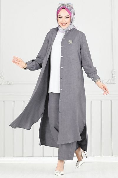 ModaMerve Σετ Hijab με σχισμή 408DVL897-M Γκρι