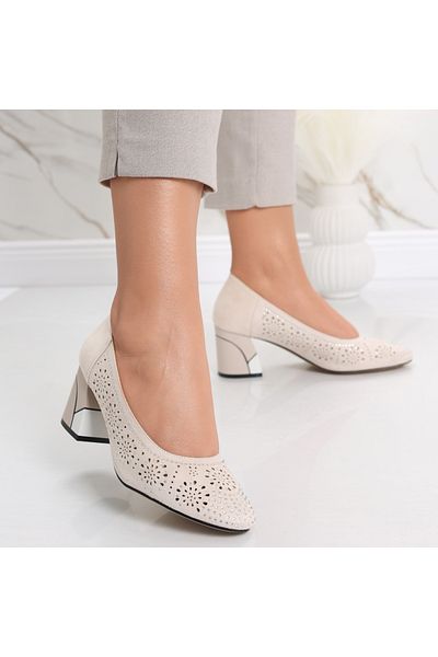 MODA STİL Women's Beige Heeled Shoes Made of Aponte Eco-Suede Leather, 40