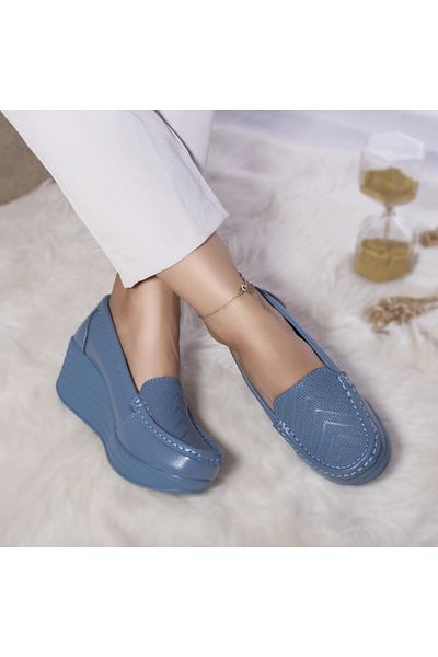 MODA STİL Dominican platform shoes, natural leather, blue, 40