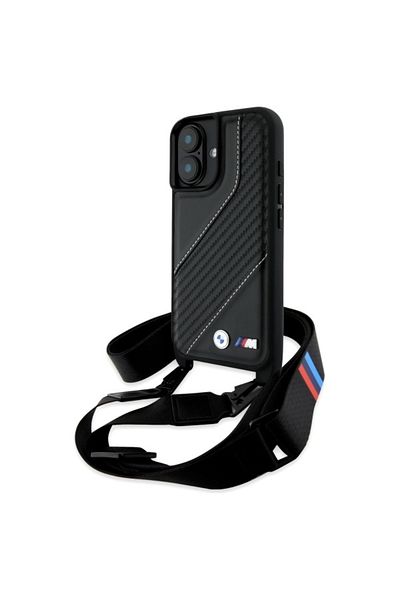 BMW Husă pentru iPhone 16 - BMW Leather M Edition Carbon Stripe & Strap (BMHCP16S23PSCCK) - Negru