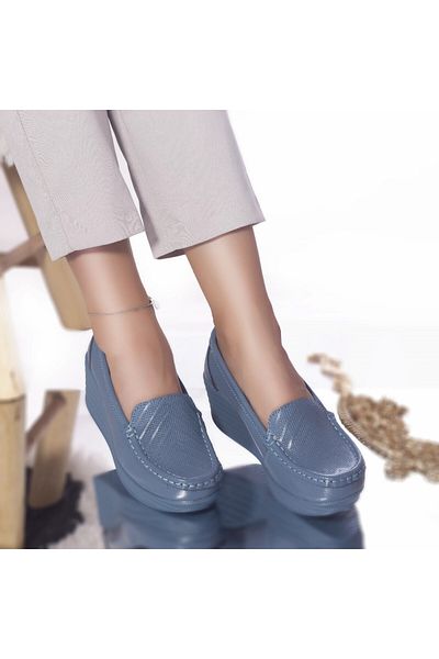 MODA STİL Dominican platform shoes, natural leather, blue, 40