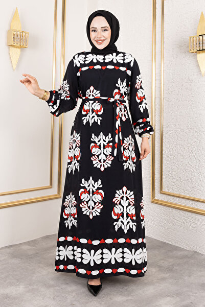 Tesettür Dünyası Φόρεμα μακρύ μεσογειακό φόρεμα με έθνικ σχέδια από βισκόζη TSD250193 Μαύρο