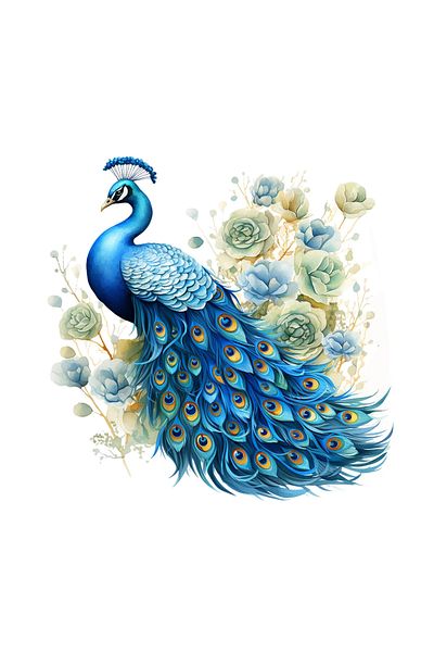 INOVATIX Set of 8 pieces, Sticker Blue Peacock with green flowers, INOVATIX®. 6 cm