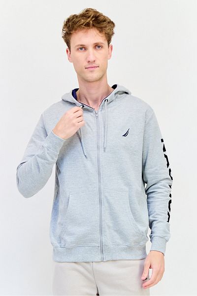 Nautica Men Hooded Embroidered Logo Long Sleeves Sweatshirt, Grey