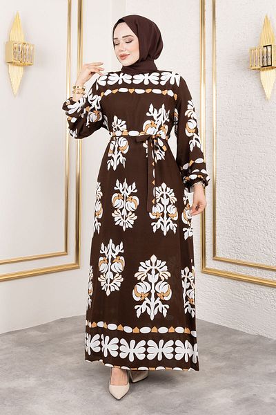 Tesettür Dünyası Φόρεμα με σχήμα Ethnic Pattern Viscose TSD250193 Καφέ