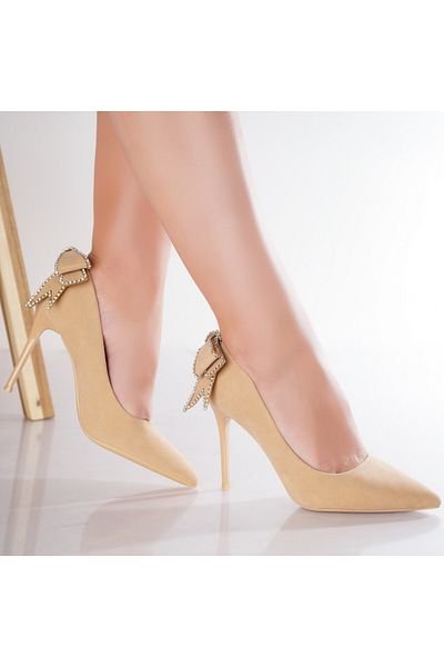 MODA STİL Women's Beige Heeled Shoes Made of Eco-Suede Leather Valiri, 37