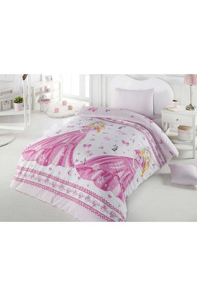 DemoHome Single polycotton bed linen set with PINK PRINCESS pattern, fitted sheet, bed, pillowcase