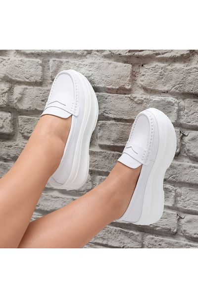 MODA STİL Women's White Platform Shoes Made of Genuine Leather, 39