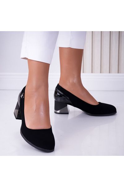 MODA STİL Women's Black Heeled Shoes Made of Suede and Patent Leather Lela, 38