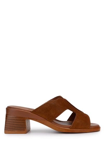 Tamer Tanca Women's Genuine Leather Tan Suede Heeled Slippers