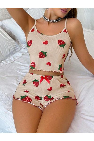 ALORA Women's Strawberry and Heart Patterned Salmon Shorts Athlete Set