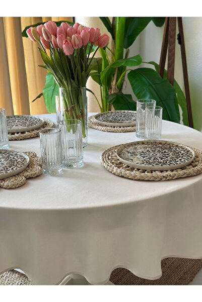 Decamor home Velvet Textured Worry-Free Stain-Proof Ecru Round Table Cloth